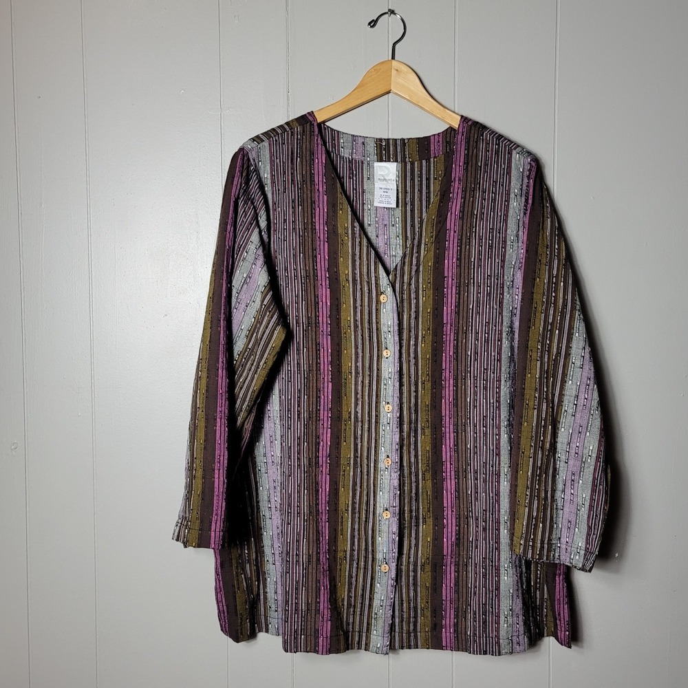 ROAMAN'S MULTICOLOR STRIPED BUTTON FRONT V NECK TUNIC GAUZE COTTON WOMENS 18W